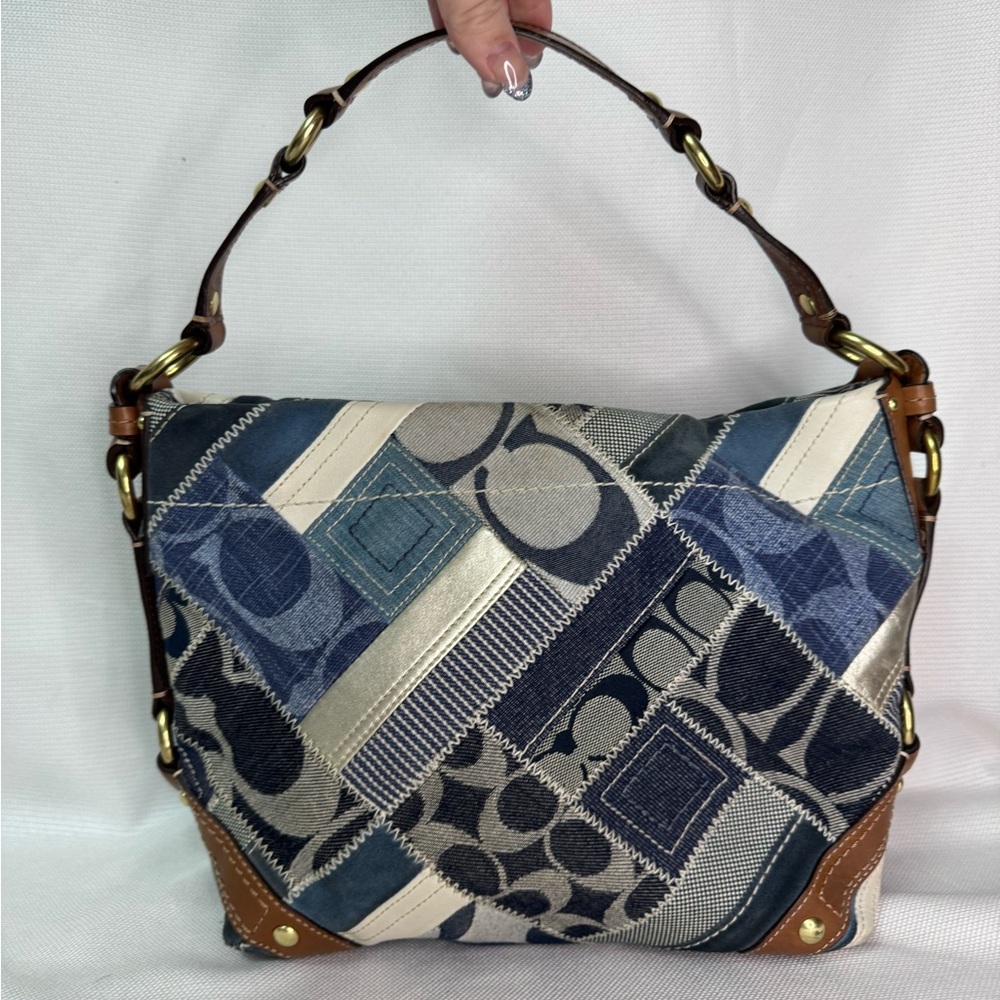 Coach Blue Denim Patchwork Hobo w/ Leather Details VGUC